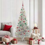 Brad de Crăciun cu 300 LED cu suport Argintiu 180 cm PET GartenMobel Dekor