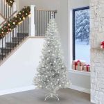 Brad de Crăciun cu 300 LED cu suport Argintiu 240 cm PET GartenMobel Dekor