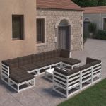Set mobilier grădină cu perne, 11 piese, alb, lemn masiv pin GartenMobel Dekor