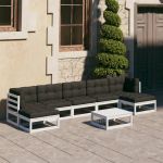 Set mobilier grădină cu perne, 8 piese, alb, lemn masiv de pin GartenMobel Dekor