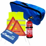 Set pachet prim ajutor auto trusa sanitara PET stingator 1kg Cridem triunghi presemnalizare 2buc vesta reflectorizanta geanta organizatoare Bleumarin Garage AutoRide