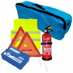 Set pachet prim ajutor auto trusa sanitara PET stingator 1kg Cridem triunghi presemnalizare 2buc vesta reflectorizanta geanta organizatoare Albastru Garage AutoRide