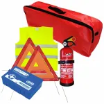 Set pachet prim ajutor auto trusa sanitara PET stingator 1kg Cridem triunghi presemnalizare 2buc vesta reflectorizanta geanta organizatoare Rosu Garage AutoRide