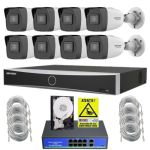 Sistem supraveghere complet Hikvision HiWatch cu functii inteligente, 8 camere 4MP, IR 30m, PoE, NVR 8 canale AcuSense, HDD 1TB, Accesorii montaj SafetyGuard Surveillance