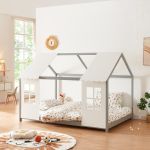 Pat Copii tip Casuta Montessori Semi Deschis cu Protectie Impotriva Caderilor, Dimensiuni 200x120cm, Lemn de Brad, Gri/Alb