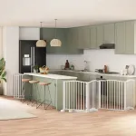 Poartă câini pliabilă cu ușă 10 panouri, alb, 800 cm, lemn plop GartenMobel Dekor