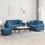 Set de canapele cu perne, 3 piese, albastru, catifea GartenMobel Dekor