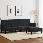 Canapea extensibilă cu taburet, 2 locuri, negru, catifea GartenMobel Dekor