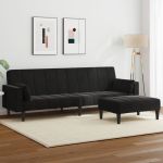 Canapea extensibilă cu taburet, 2 locuri, negru, catifea GartenMobel Dekor
