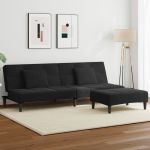 Canapea extensibilă cu taburet, 2 locuri, negru, catifea GartenMobel Dekor