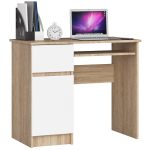 Birou computer PIKSEL, cu sertar, dulap si raft pentru tastatura, stanga, 90x50x77 cm, stejar sonoma si alb Household NewTrend