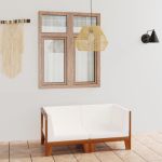 Canapea cu 2 locuri cu perne alb crem, lemn masiv de acacia GartenMobel Dekor