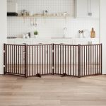 Poartă câini pliabilă cu ușă 4 panouri maro 320 cm, lemn brad GartenMobel Dekor