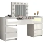 Masa de toaleta/machiaj, alba, sertare lucioase, cu oglinda si LED-uri, Antonia, 155x42x135 cm GartenVIP DiyLine