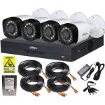 Kit supraveghere complet Dahua 4 camere 2MP IR 20m, DVR 4 canale 5MP WizSense inteligenta artificiala, accesorii, HDD 500GB + Autocolant Rovision SafetyGuard Surveillance