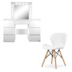 Masa de toaleta/machiaj + Scaun stil scandinav Lago, alba, cu oglinda si LED-uri, Vanessa, 130x43x143 cm GartenVIP DiyLine