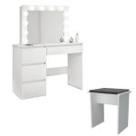 Masa de toaleta/machiaj + Taburet, alba, cu oglinda si LED-uri, Irina, 94x43x141 cm GartenVIP DiyLine