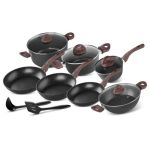 Set oale cu capac, tigai, ustensile pentru gatit, aluminiu, 13 piese, Black Marble Line, Magic Home GartenVIP DiyLine