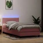 Pat cu arcuri cu saltea și LED, roz, 90x220 cm, catifea GartenMobel Dekor