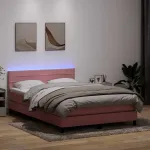 Pat cu arcuri cu saltea și LED, roz, 140x210 cm, catifea GartenMobel Dekor