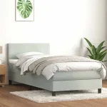 Pat cu arcuri cu saltea și LED, gri deschis, 90x220 cm, catifea GartenMobel Dekor