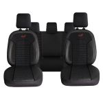 Set Huse Scaune Auto Panda Belek, material textil cu piele ecologica, cu fermoare pentru bancheta rabatabila, negru cu insertii rosii, 11 piese Automobile ProTravel