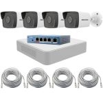 Sistem supraveghere IP Hikvision de exterior, 4 camere, 2MP Full HD, IR 30m, Vizualizare pe mobil, Switch, NVR 4 canale, Accesorii SafetyGuard Surveillance