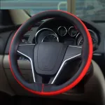 Husa volan din PIELE NATURALA NEAGRA CU DUNGA ROSIE, pentru autoturisme, diametru 37 - 39 cm, cu ac si ata (se coase, aspect ORIGINAL) FAVLine Selection