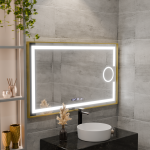 Oglinda LED Rectangulara, 110x65cm, Eclat MotionGlow Marcello, Sistem Dezaburire, Ceas & Termometru, Lupa Cosmetica, Dimabila, Rama Auriu Brushed ModernLight Concept
