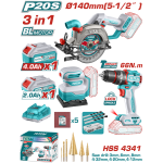 TOTAL - KIT COMBO 20V - FIERASTRAU CIRCULAR, MASINA DE GAURIT CU IMPACT, SLEFUITOR (INCLUDE 2 ACUMUL PowerTool TopQuality