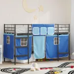 Pat loft pentru copii 100x190 cm metalic cu perdele, negru si albastru