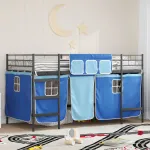 Pat loft pentru copii din metal cu perdele, negru/albastru, 107x201 cm