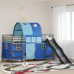 Pat supraetajat pentru copii cu tobogan si perdele, 90x200 cm, negru/albastru