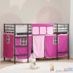 Pat loft pentru copii cu perdele, metal, negru si roz, 75x190 cm