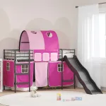 Pat loft pentru copii cu tobogan si cort, negru si roz, 75x190 cm