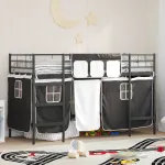 Pat loft pentru copii cu perdele, metal, negru, 90x190 cm