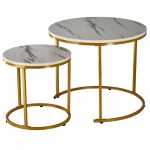Set 2 masute cafea suprapozabile, MDF si metal, 60x50 cm si 40x40 cm, alb marmura si auriu Household NewTrend