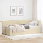 Cadru de pat colțar cu saltea cu headboard 2 pcs Crem Catifea GartenMobel Dekor