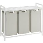 VASAGLE Cos de rufe, 3 compartimente, saci de rufe detasabili, raft, cadru metalic, 3x38L, 93x33x72 cm, alb Household NewTrend