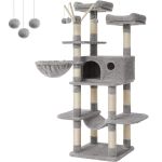 FEANDREA Ansamblu de joaca pentru pisici, tip copac, cu 3 culcusuri, hamac si ascunzatoare, 50x50x164cm, gri deschis Household NewTrend