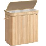 SONGMICS Cos rufe 63x42x61 cm, 150L, pliabil cu capac si sac lavabil, bambus si textil, bej natur Household NewTrend