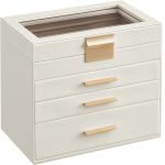 SONGMICS Cutie de bijuterii cu 4 nivele, 3 sertare, capac din sticla, 22x25x15cm, alb si auriu Household NewTrend