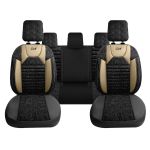 Set Huse Scaune Auto Panda Kas, material textil cu piele ecologica, cu fermoare pentru bancheta rabatabila, negru cu bej, 11 piese Automobile ProTravel