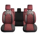 Set Huse Scaune Auto Panda Kas, material textil cu piele ecologica, cu fermoare pentru bancheta rabatabila, visiniu cu negru, 11 piese Automobile ProTravel