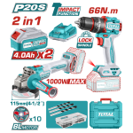 TOTAL - KIT COMBO - 20V - 4.0Ah- MASINA DE GAURIT CU IMPACT, POLIZOR UNGHIULAR (INCLUDE 2 ACUMULATOR PowerTool TopQuality