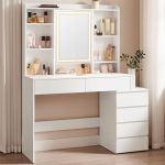 VASAGLE Masa de toaleta cu oglinda, iluminare LED reglabila, 6 sertare, 118x40x145 cm, alb Household NewTrend