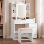 VASAGLE Masa de toaleta cu taburet si oglinda, iluminare LED reglabila, 6 sertare, 98x40x145 cm, alb Household NewTrend