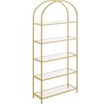 VASAGLE Raft cu trepte pentru dormitor, 5 etaje, din sticla securizata, cadru din otel cu arcada, 83x30x184cm, auriu Household NewTrend