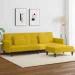 Canapea extensibilă cu taburet, 2 locuri, galben, catifea GartenMobel Dekor