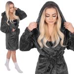 Halat de baie pentru femei pana la genunchi, cu gluga, marimea S/M, gri inchis Household NewTrend